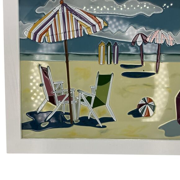 Beach Scene 3 D Art On Glass Stain Glass Style Colorful Wall Decor Picture Coast - Picture 3 of 14